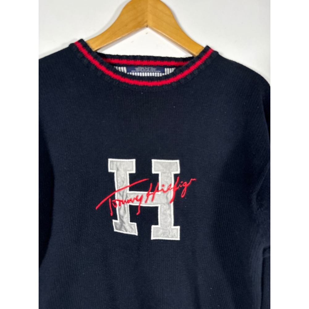 Tommy Hilfiger Vintage Mens XL Navy Blue Cotton Knit H Logo Crewneck Sweater